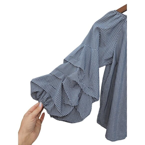 Favori Top Sz S 4 6 EU 38 Balloon Ruffle 3/4 Drop Sleeve Cropped Gingham Blue - Picture 9 of 12